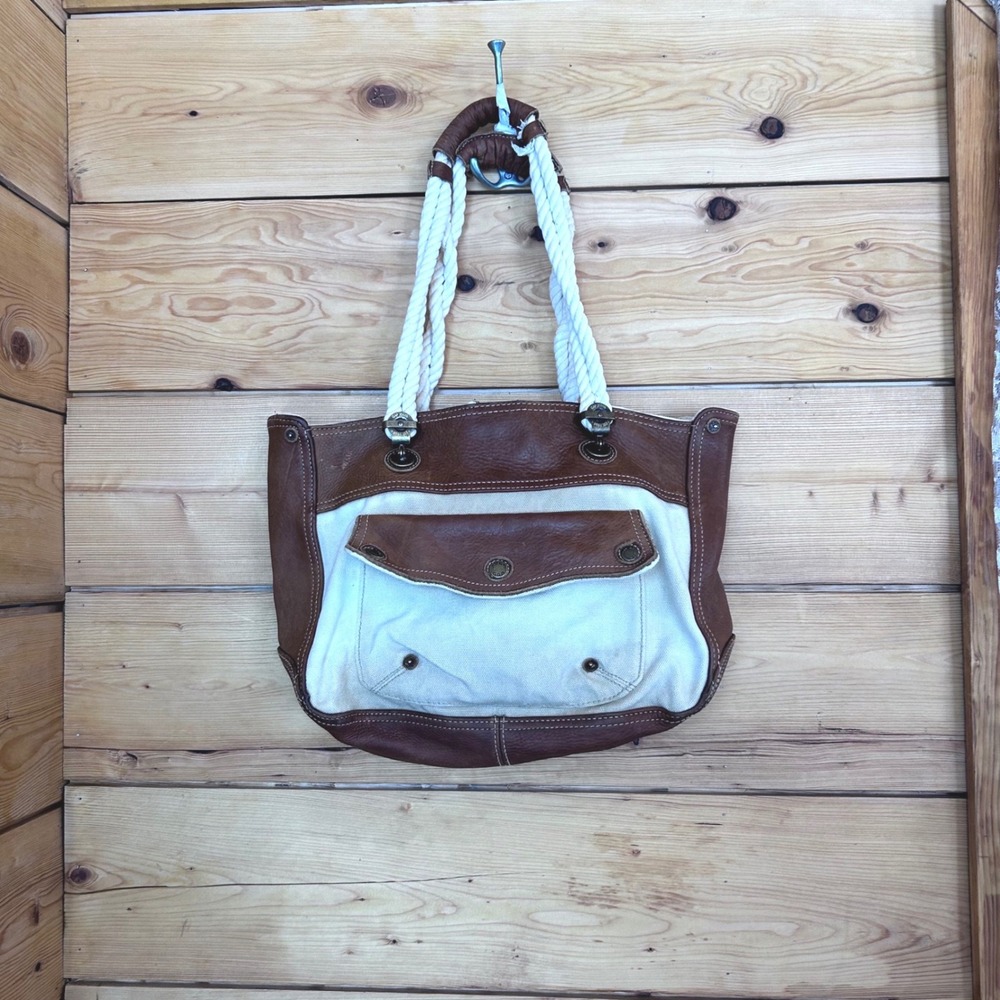 Canvas Leather Tote Bag Women Large Cream Brown Nautical Rope Handle Gap 1969